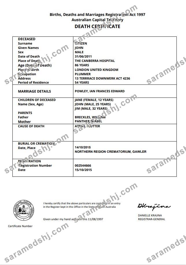Australia Australian Capital Territory death certificate template in Word